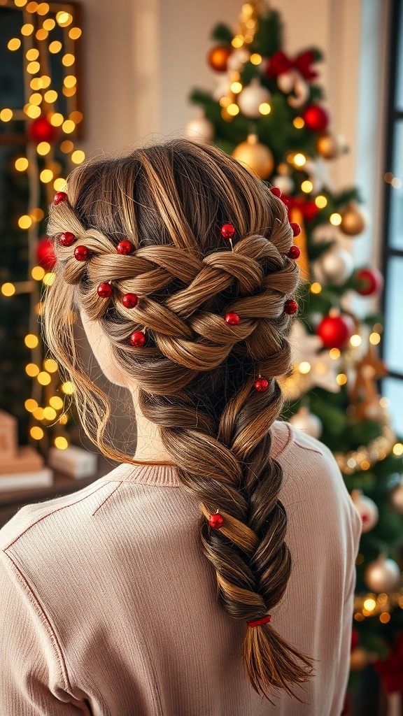 Model with braided crown hairstyle decorated with ornaments, in front of a Christmas tree.